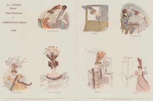 Faksymile oryginalnych rysunków akwarelowych, zaprojektowanych w celu satyryzowania mody w damskich nakryciach głowy roku 1828 (chromolitho)
