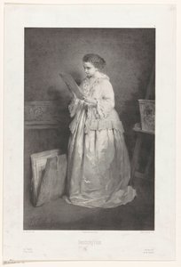 Młoda kobieta patrząca na odbitkę lub rysunek Niedyskrecja (tytuł na przedmiocie) autorstwa Alfred François Lemoine