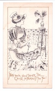 Wiktoriańska kartka noworoczna przedstawiająca estetykę podziwiającą wazon z pawimi piórami, ok. 1881 r. (monochromatyczny) autorstwa Alfred Gray