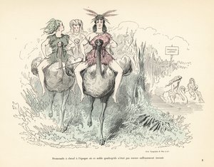 Kobiety w zwierzęcych skórach i piórach dosiadające strusi i łabędzi. autorstwa Alfred Grevin