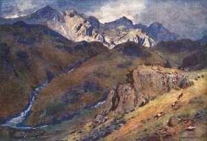 Kraina Jezior: A Fell Fox-hunt, Head of Eskdale and Scawfell (kolorowa litografia) autorstwa Alfred Heaton Cooper
