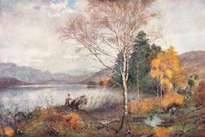 Kraina Jezior: Wypalacze węgla drzewnego, jezioro Coniston (kolorowa litografia) autorstwa Alfred Heaton Cooper