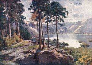 Kraina Jezior: Derwentwater, z Castle Head, jasny poranek (kolorowa litografia) autorstwa Alfred Heaton Cooper