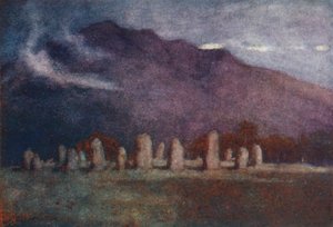 Kraina Jezior: Druid Circle, niedaleko Keswick, światło księżyca (kolorowa litografia) autorstwa Alfred Heaton Cooper