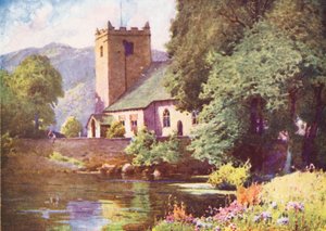 Lake District: Kościół Grasmere (kolorowa litografia) autorstwa Alfred Heaton Cooper
