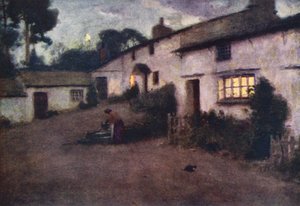 Lake District: Moonlight and Lamplight, Coniston (kolorowa litografia) autorstwa Alfred Heaton Cooper