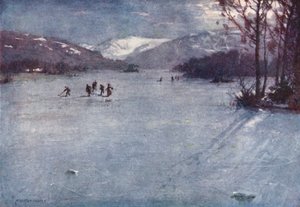 Lake District: Near the Ferry, Windermere, Skating by Moonlight (kolorowa litografia)