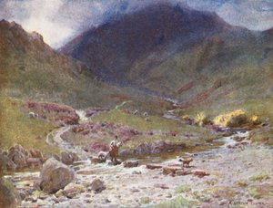 Lake District: Stepping-stones, Far Easedale, Grasmere (kolorowa litografia) autorstwa Alfred Heaton Cooper