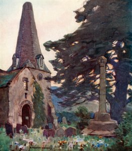 Kościół i Krzyż w Porlocku (kolor lito) autorstwa Alfred Heaton Cooper