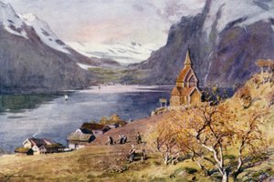 Kościół Urnaes, Lyster, Fiord Sogne autorstwa Alfred Heaton Cooper