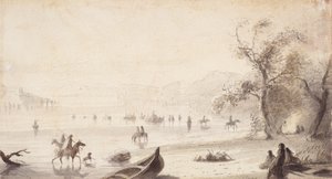 Bull Boating Across the Platte, c.1837 (rysunek na papierze) autorstwa Alfred Jacob Miller