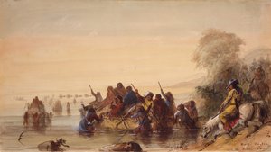 Bull Boating po rzece Platte, ok.1837 (akwarela na papierze) autorstwa Alfred Jacob Miller