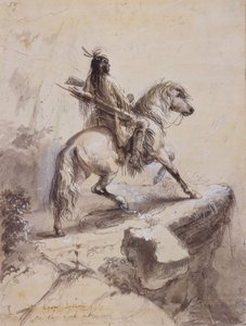 Crow Indian on Lookout, ok. 1837 (pióro i atrament, pranie i gwasz na papierze) autorstwa Alfred Jacob Miller
