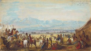 Encampment on Green River at the Base of Rocky Mountains, c.1837 (pencil, watercolor and gouache on paper)   1316007   pl       polish Successfully Translated  Original: De acteur Ichikawa Danjuro VII maakt zich op voor een Shibaraku voorstelling geassiste