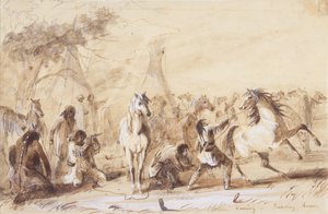 Wieczór, pikietowanie koni, ok. 1837 (ołówek, pranie i gwasz na papierze) autorstwa Alfred Jacob Miller
