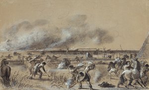 Pożar na prerii, podpalanie obozu, ok. 1837 (pranie z pasemkami na papierze) autorstwa Alfred Jacob Miller