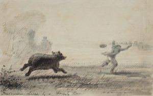 Fontenelle ścigany przez niedźwiedzia grizzly, c.1837 (pióro, atrament i pranie na papierze) autorstwa Alfred Jacob Miller
