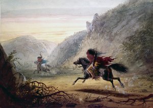 Indianin z plemienia Snake ściga złodzieja koni o pseudonimie „Crow” autorstwa Alfred Jacob Miller