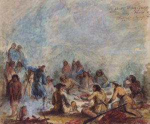 Wschód słońca, traperzy i podróżnicy podczas posiłków z żeberka bawole, ok. 1837 (akwarela na papierze) autorstwa Alfred Jacob Miller