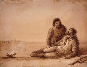 Traperzy bez amunicji i głodujący w pobliżu Independence Rock, ok. 1850 (pranie w sepii na papierze) autorstwa Alfred Jacob Miller