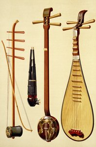 Huqin i smyczek, sheng, sanxian i pipa, chińskie instrumenty z "Instrumentów muzycznych" (litografia kolorowa)