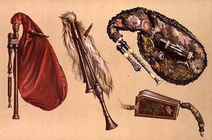 Dudy: cztery, w tym Cornemuse, Calabrian i Musette, z "Instrumentów Muzycznych" (litografia kolorowa) autorstwa Alfred James Hipkins