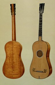 Gitara wykonana przez Antonio Stradivariusa (ok. 1644-1737), z „Instrumentów muzycznych” (kolorowa lito) autorstwa Alfred James Hipkins