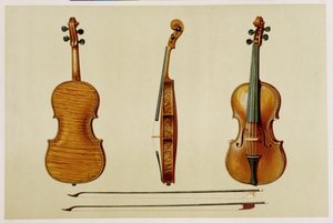 Skrzypce Helliera wykonane przez Antonio Stradivariusa (ok. 1644-1737) w 1679 r., z „Instrumentów muzycznych” (litografia kolorowa)