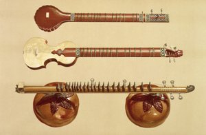 Dwa sitary i Rudra vina, indyjska, z „Instrumenty muzyczne” (kolorowa lito)