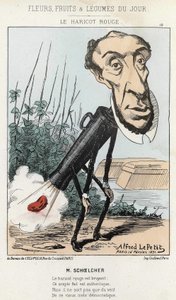 Le Bean rouge: karykatura Victora Schoelchera przedstawia w pociągu Piotra fasolkę (pierd) - il. z 16.02.1871 r. Alfreda Le Petité, w „”Kwiaty, owoce i warzywa dnia””. autorstwa Alfred Le Petit