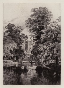 Cambridge: Cam w pobliżu Trinity College, z wieżą kaplicy św. Jana (akwaforta)