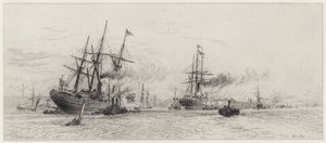 Wysyłka na Mersey (akwaforta) autorstwa Alfred Louis Brunet Debaines