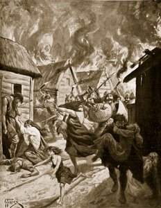Canterbury spalone przez Duńczyków, 851 rne, ilustracja z „Historii narodu brytyjskiego Hutchinsona”, ok. 1920 r. (litografia) autorstwa Alfred Pearse