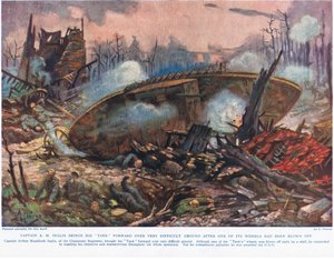 Kapitan A.M. Inglis wprowadza swój czołg na bardzo trudny teren po tym jak jedno z jego kół zostało odstrzelone, ilustracja z "Deeds that Thrill the Empire", opublikowana przez Hutchinson und Co, c.1 autorstwa Alfred Pearse