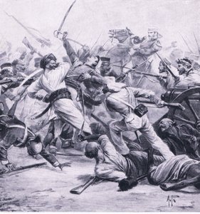 Klęska Nicholsona nad buntownikami pod Nadżafgarh, 2 sierpnia 1857, ilustracja z brytyjskich bitew na lądzie i morzu, 1915 autorstwa Alfred Pearse