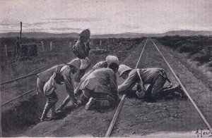 Nasi żołnierze wysadzają w powietrze kolej wojskową na północ od Bloemfontein (lito) autorstwa Alfred Pearse