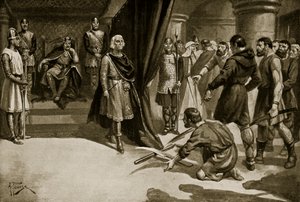 Chłopi rzucający lemieszami u stóp Henryka I, ilustracja z „Hutchinson