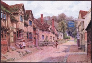 Domy dawniej zajmowane przez tkaczy, Kersey, Suffolk, z książki The Cottages and the Village Life of Rural England wydanej przez Dent & Sons Limited autorstwa Alfred Robert Quinton