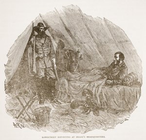 Longstreet Reporting w kwaterze głównej Bragga, z pubu z książkami. 1896 autorstwa Alfred Rudolph Waud