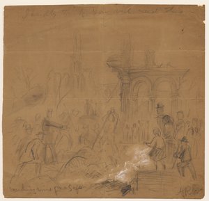 W poszukiwaniu ruin w poszukiwaniu sejfu po pożarze Chicago w 1871 r. (ołówek i kreda na papierze) autorstwa Alfred Rudolph Waud