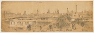 Widok z mostu Erie Street na wschód podczas pożaru Chicago w 1871 r. autorstwa Alfred Rudolph Waud