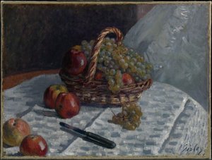 Jabłka i winogrona w koszu autorstwa Alfred Sisley
