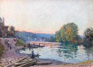Brzegi Sekwany, efekt światła słonecznego o zmierzchu, data nieznana (olej na płótnie) autorstwa Alfred Sisley