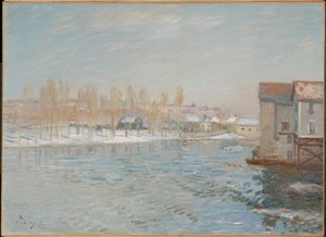 Loing i młyny w Moret, efekt śniegu autorstwa Alfred Sisley