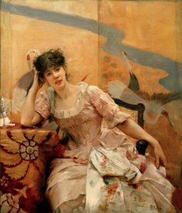 A.Stevens, Młoda kobieta i japoński ekran autorstwa Alfred Emile Stevens