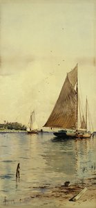 Suszenie żagli, łodzi ostrygowych, patchogue, Long Island, autorstwa Alfred Thompson Bricher
