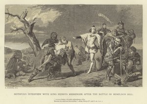 Wywiad Hotspur z posłańcem króla Henryka po bitwie pod Homildon Hill autorstwa Alfred W. Elmore
