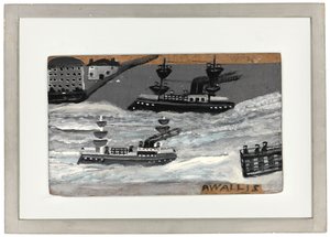 Kanonierki w czasie wojny (olej na panelu) (patrz również 1074078) autorstwa Alfred Wallis