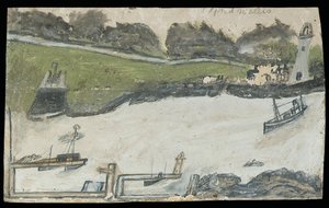 Scena portowa z zamkiem i latarnią morską (ołówek i olej na karcie) autorstwa Alfred Wallis