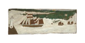 Szkuner mijający latarnię morską, ok. 1855-1942 (olej na płycie) autorstwa Alfred Wallis